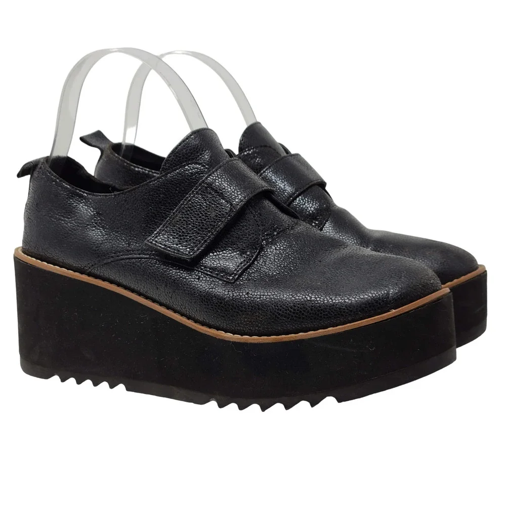 EILEEN FISHER Zola Black Pebbled Leather Platform Wedge Oxford Women's 9 - Picture 2 of 13